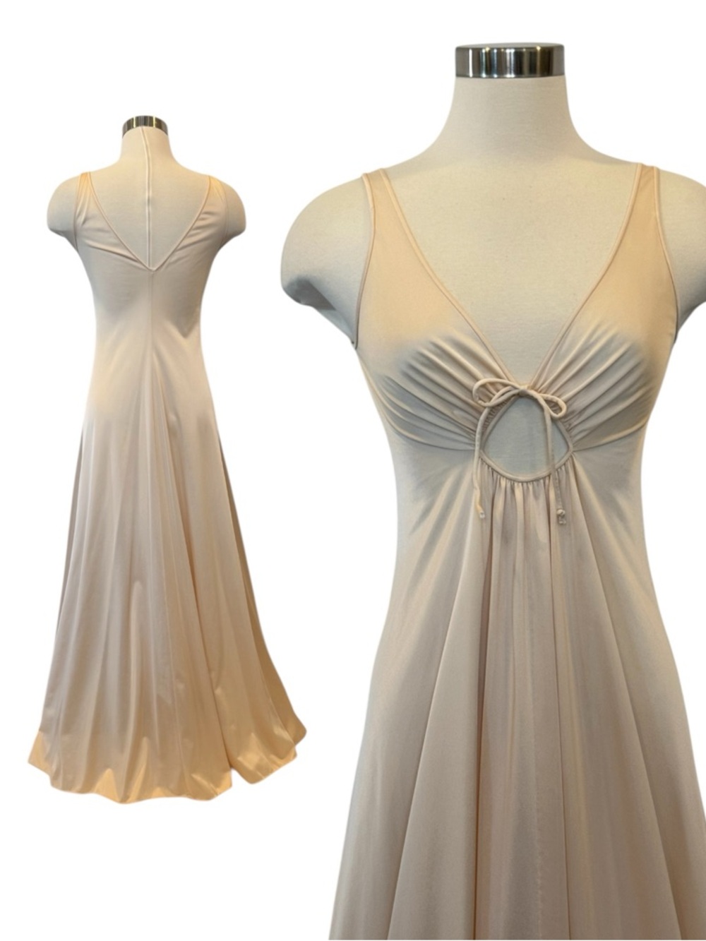 OLGA Silky Nylon Champagne Ivory Cream Keyhole Vintage Maxi Gown Slip Dress 34